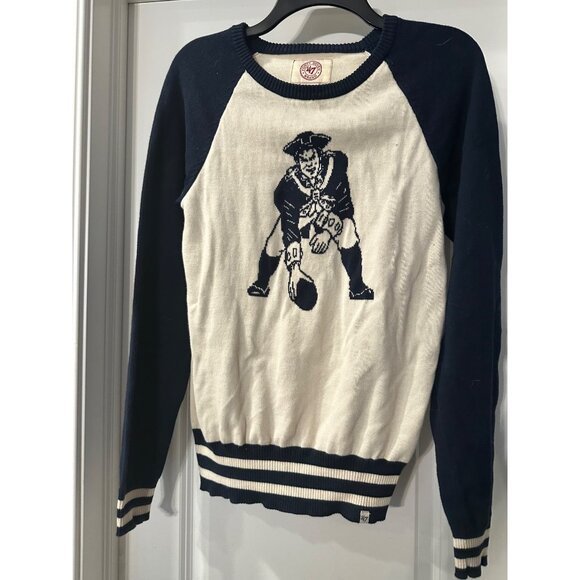 47 Brand Patriots Sweater Medium Navy & White With Striped Hem And Cuffs - Picture 1 of 4